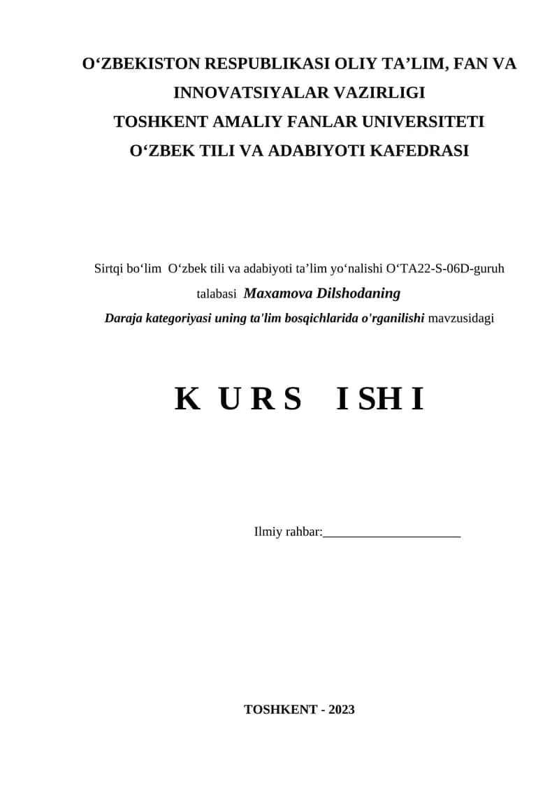 Kurs ishi Toshkent amaliy fanlar universiteti O‘zbek tili va adabiyoti kafedrasida