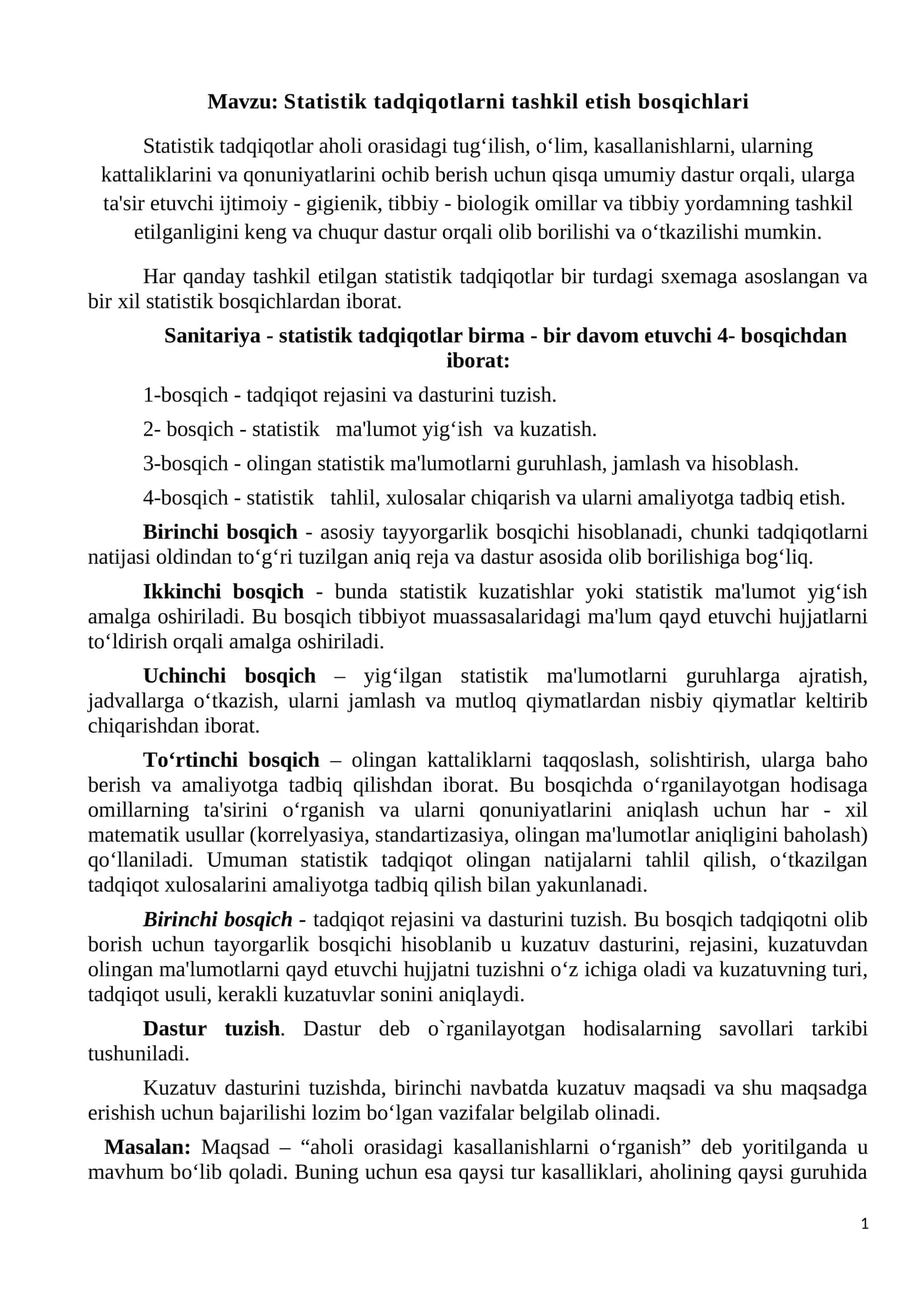 Statistik tadqiqotlarni tashkil etish bosqichlari