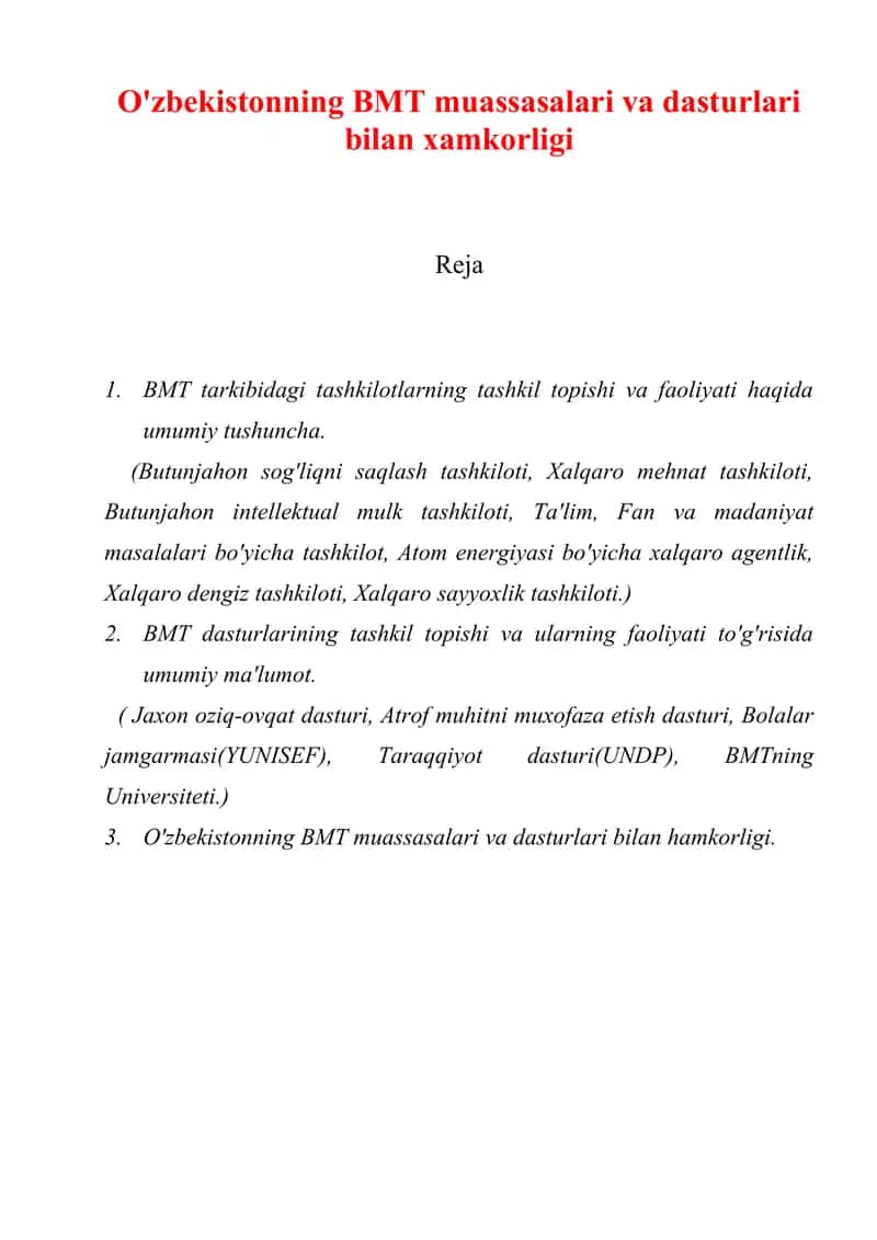 O'zbekistonning BMT muassasalari va dasturlari bilan xamkorligi