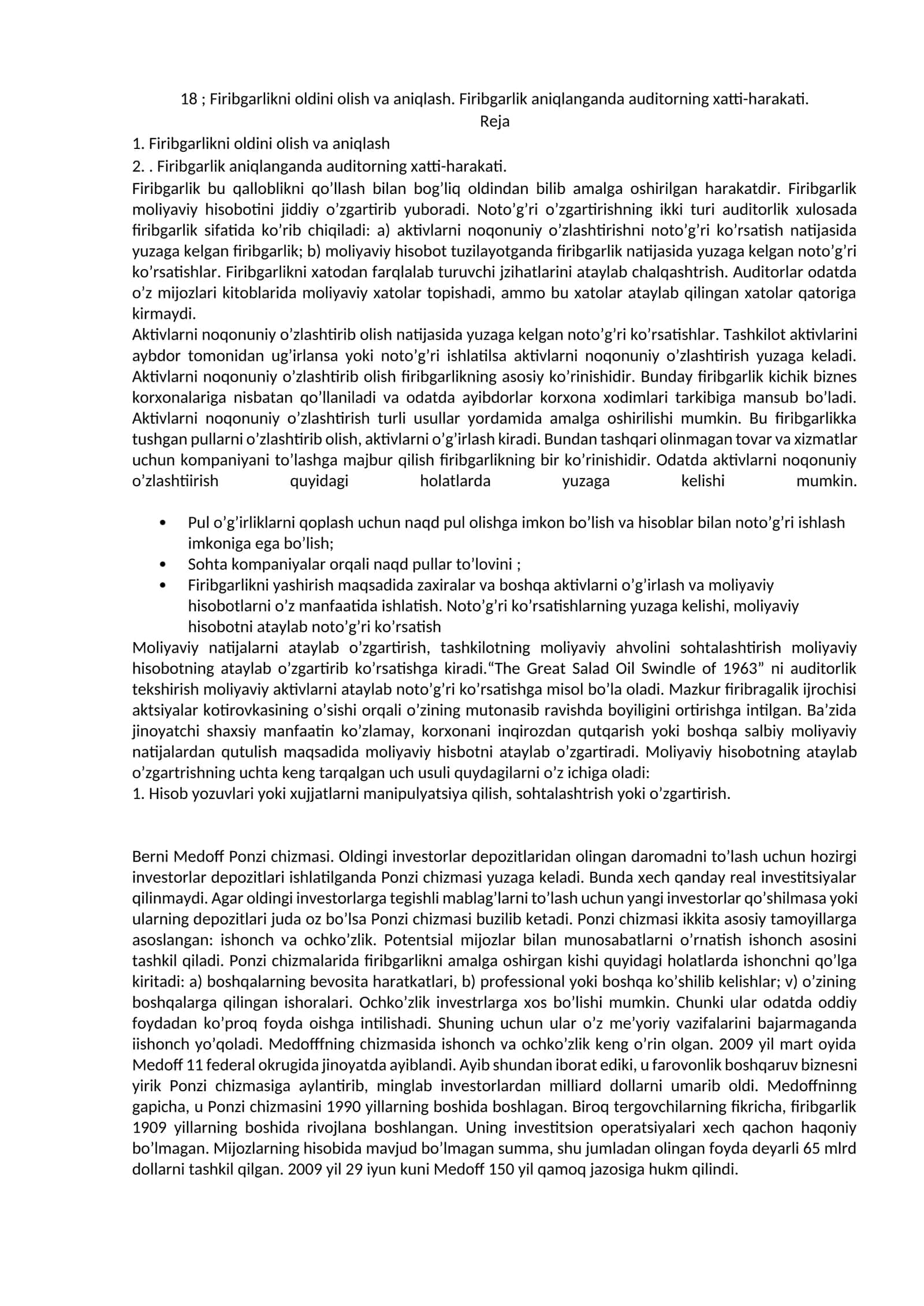 Firibgarlikni oldini olish va aniqlash. Firibgarlik aniqlanganda auditorning xatti-harakati