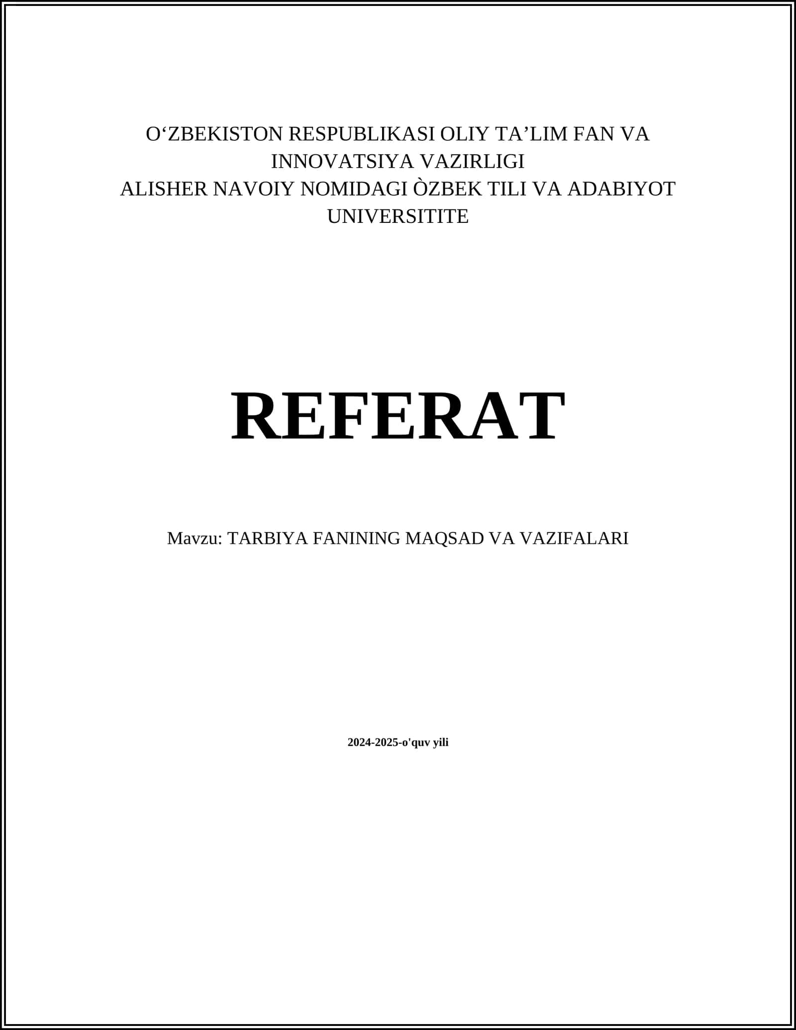 TARBIYA FANINING MAQSAD VA VAZIFALARI