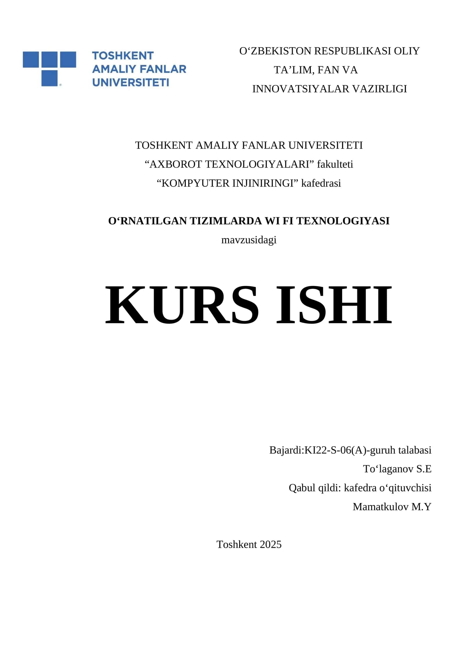 O‘RNATILGAN TIZIMLARDA WI FI TEXNOLOGIYASI KURSI
