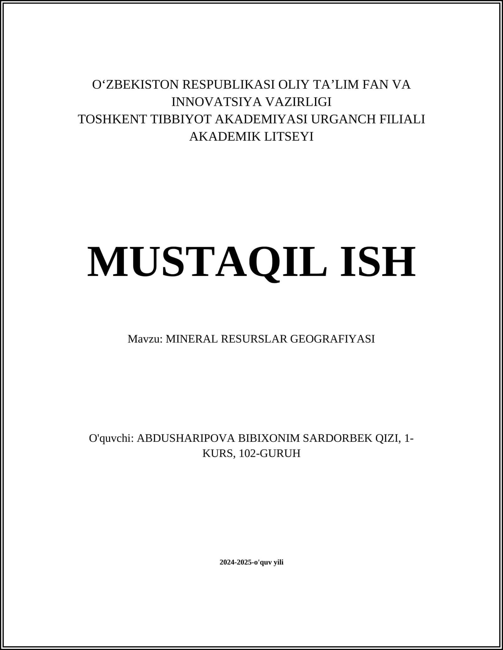 MINERAL RESURSLAR GEOGRAFIYASI