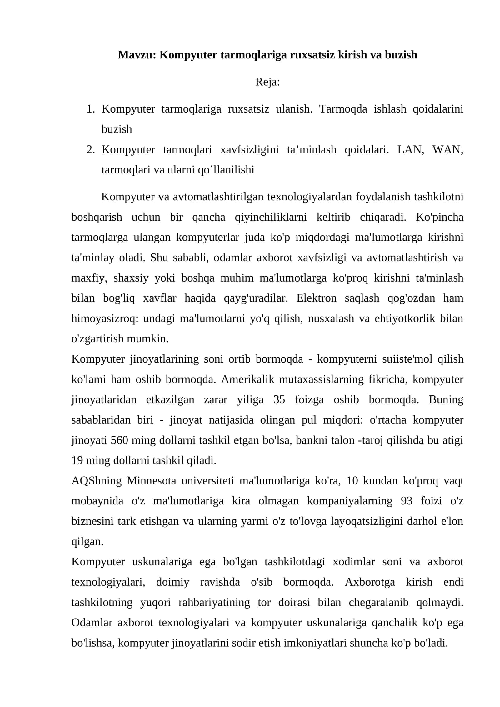 Kompyuter tarmoqlariga ruxsatsiz kirish va buzish