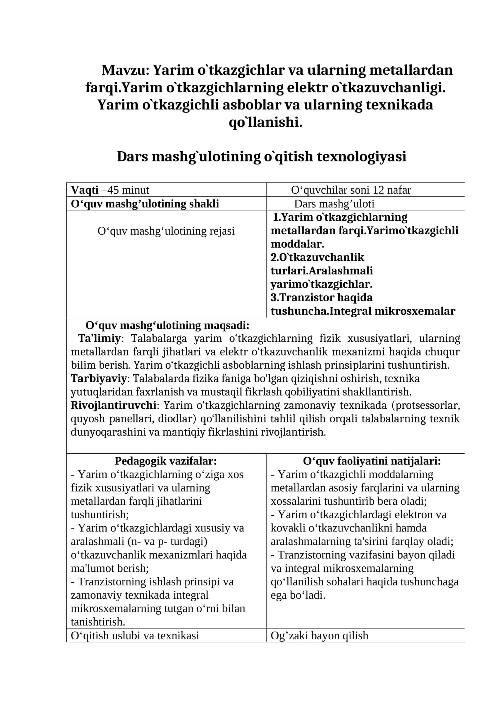 Yarim o`tkazgichlar va ularning metallardan farqi.Yarim o`tkazgichlarning elektr o`tkazuvchanligi. Yarim o`tkazgichli asboblar va ularning texnikada qo`llanishi  mavzusida tayyor dars ishlanmasi va dars loyihasi