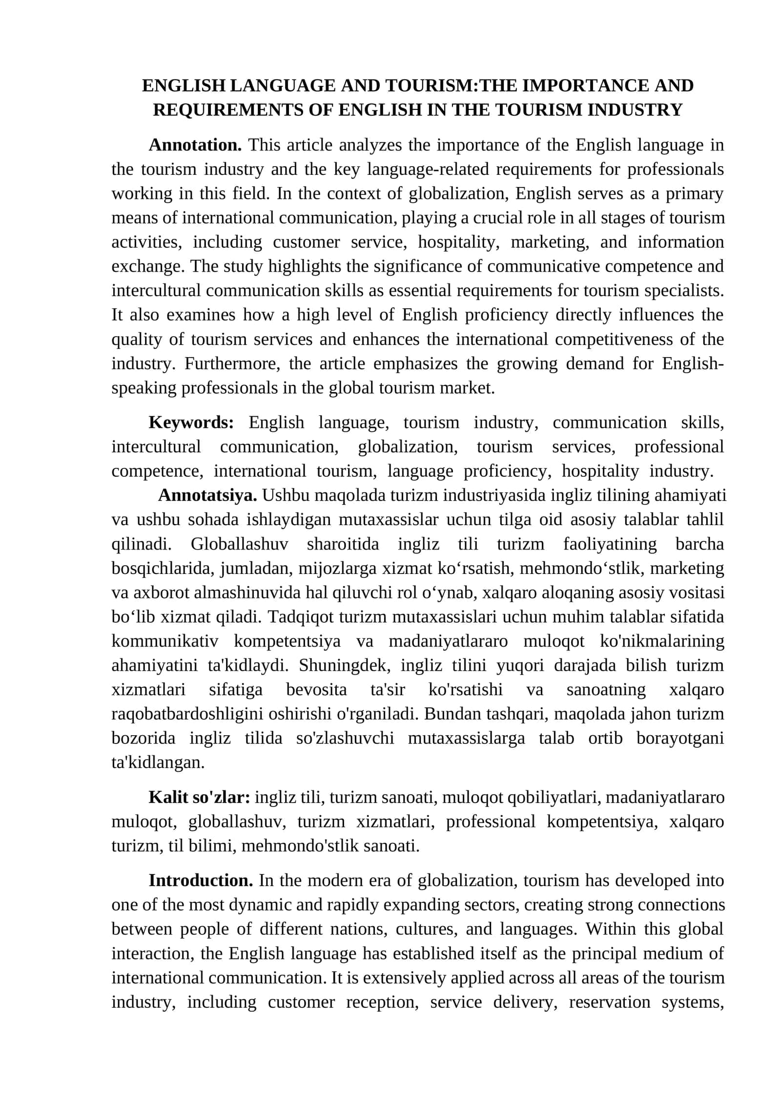 ENGLISH LANGUAGE AND TOURISM:THE IMPORTANCE AND REQUIREMENTS OF ENGLISH IN THE TOURISM INDUSTRY