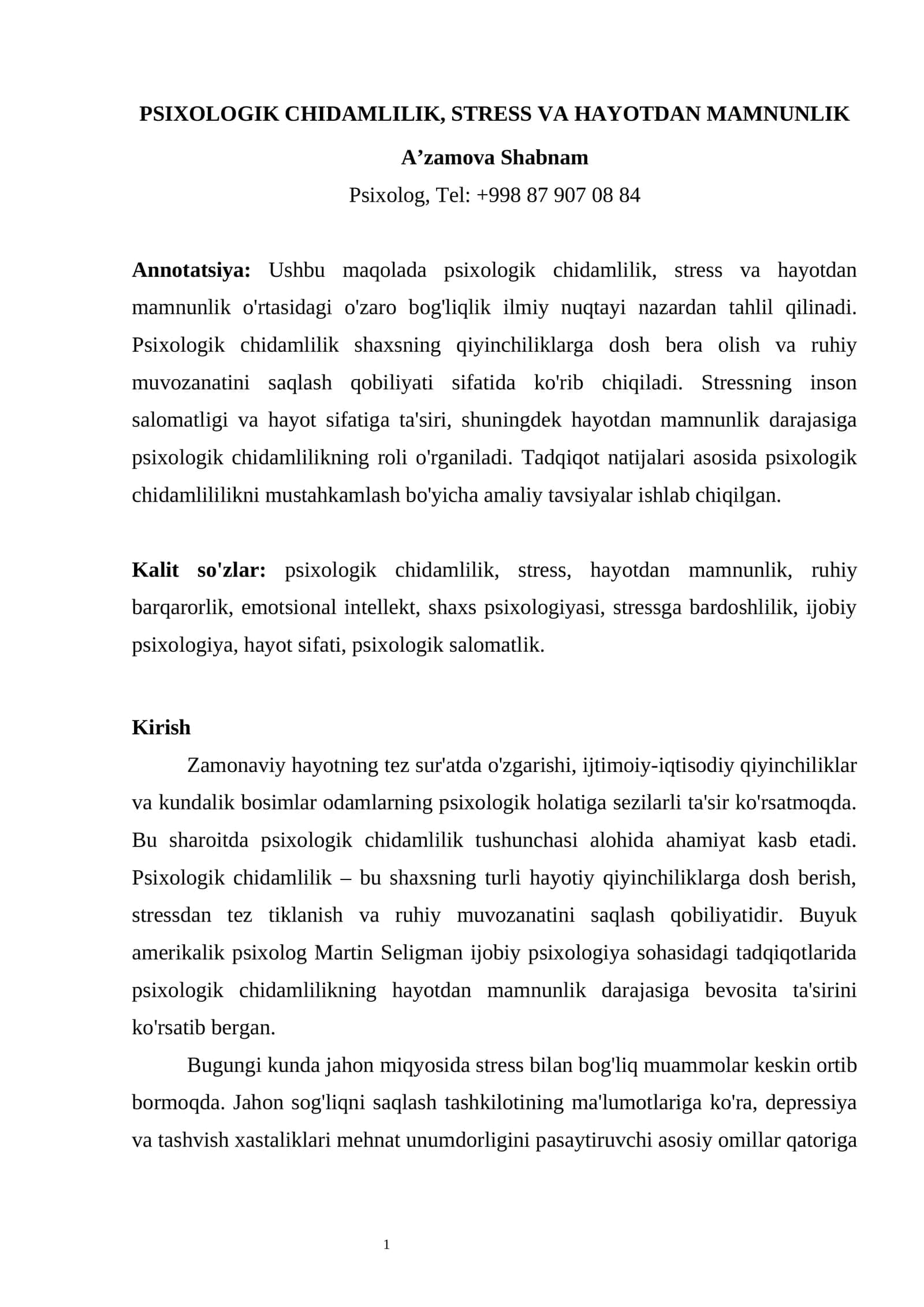 PSIXOLOGIK CHIDAMLILIK, STRESS VA HAYOTDAN MAMNUNLIK