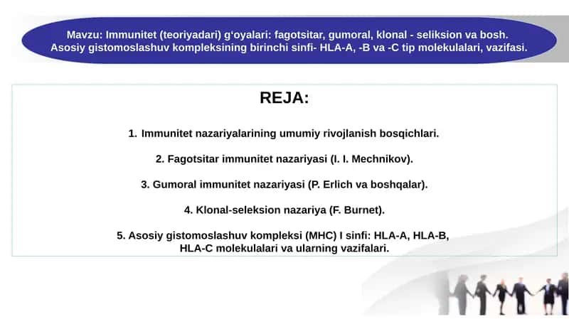 Immunitet (teoriyadari) g‘oyalari: fagotsitar, gumoral, klonal - seliksion va bosh. Asosiy gistomoslashuv kompleksining birinchi sinfi- HLA-A, -B va -C tip molekulalari, vazifasi.