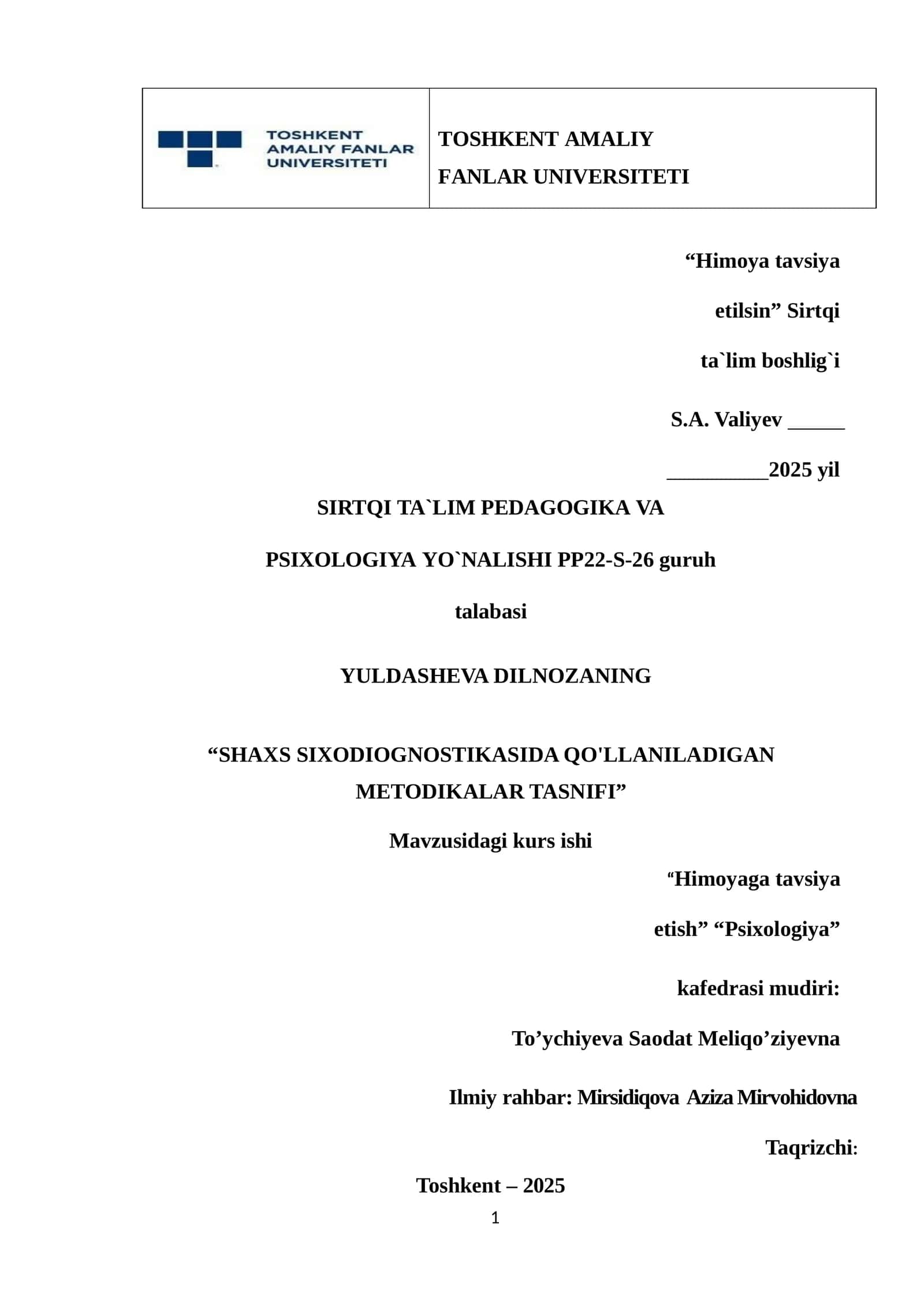 SHAXS SIXODIOGNOSTIKASIDA QO'LLANILADIGAN METODIKALAR TASNIFI