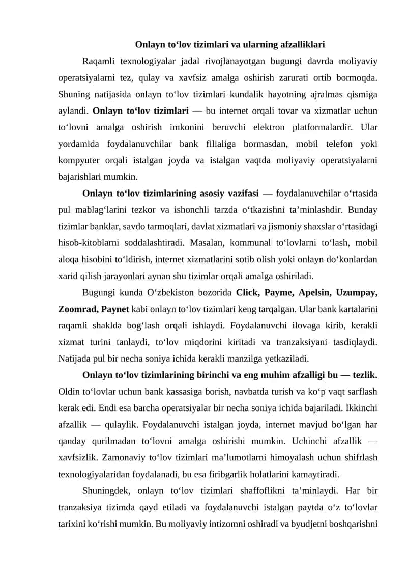 Onlayn to‘lov tizimlari va ularning afzalliklari