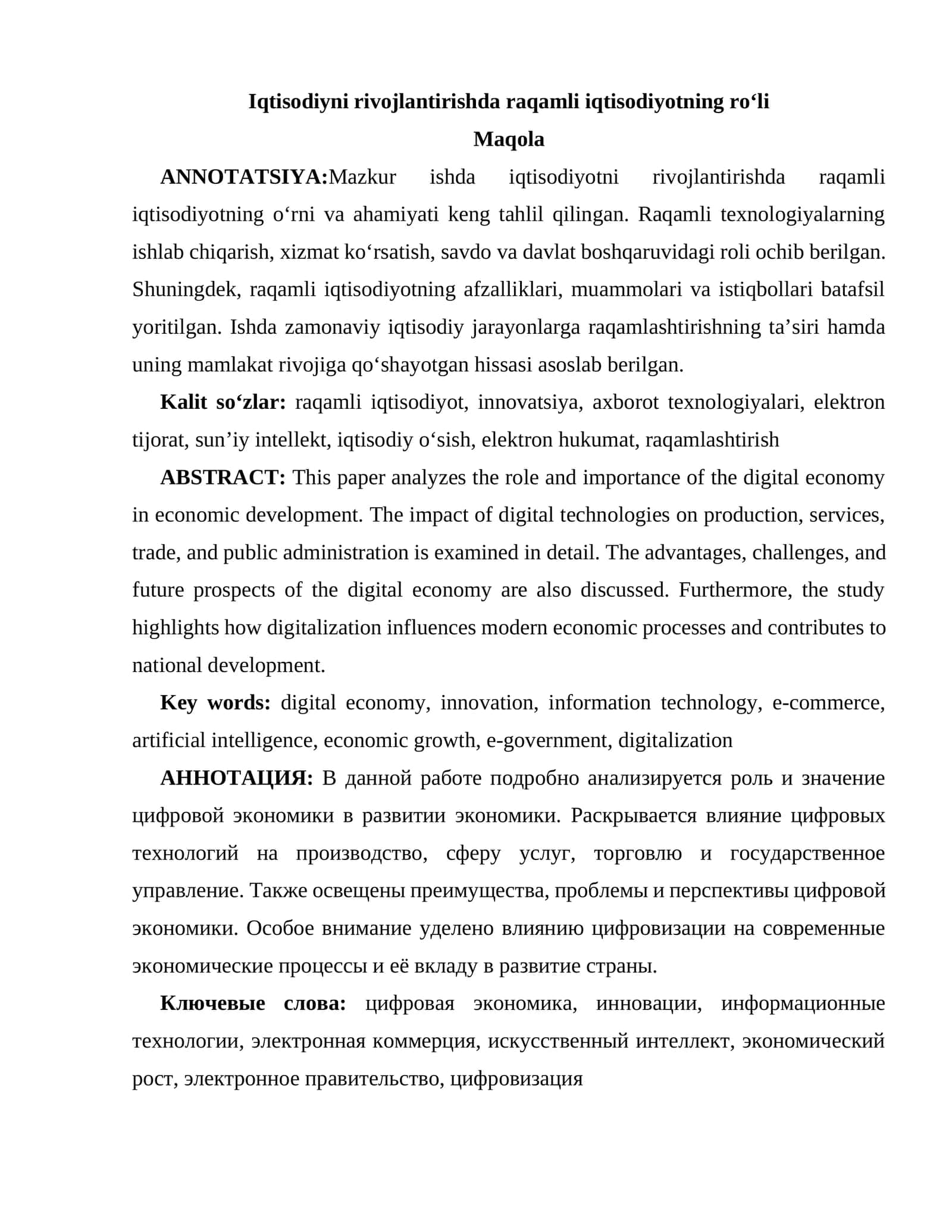 Iqtisodiyni rivojlantirishda raqamli iqtisodiyotning roʻli
