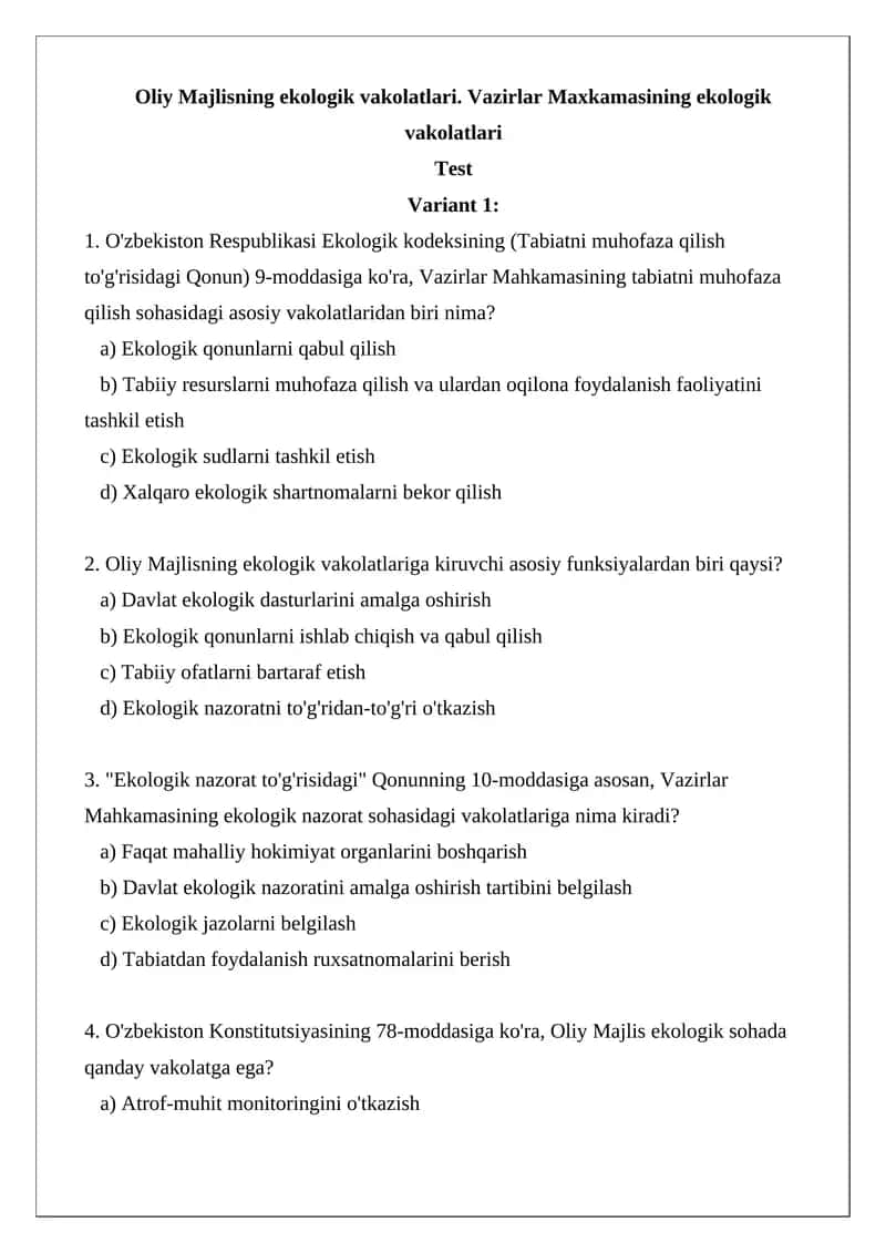 Oliy Majlisning ekologik vakolatlari
