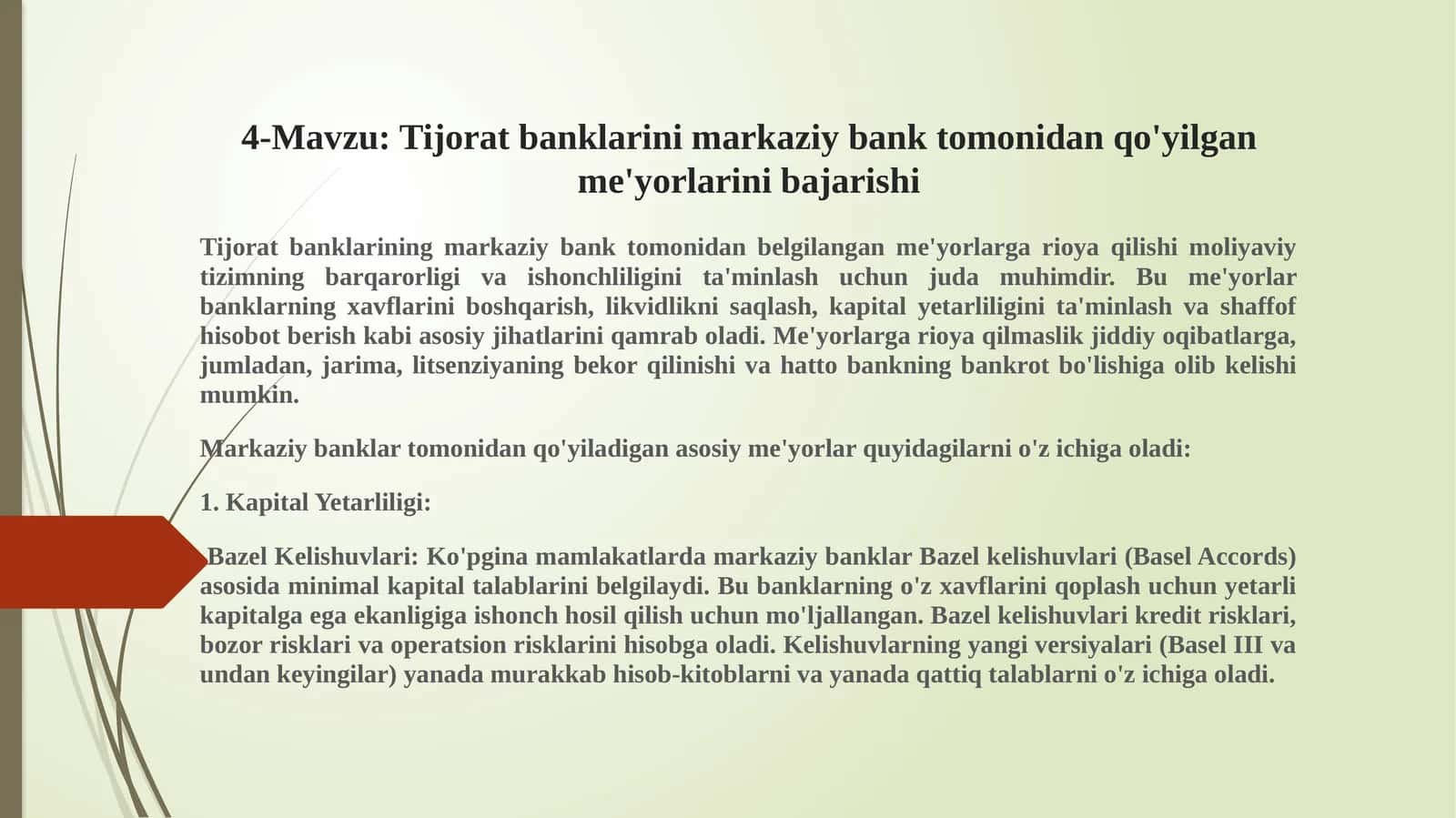 Tijoratbanklarinimarkaziybanktomonidanqo'yilganme'yorlarinibajarishi
