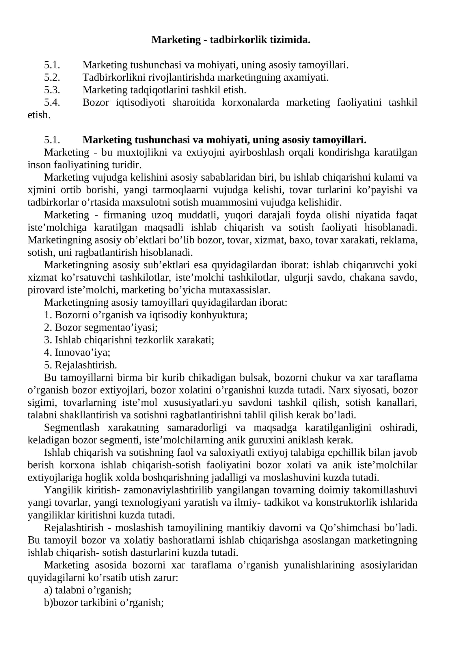 Marketing - tadbirkorlik tizimida