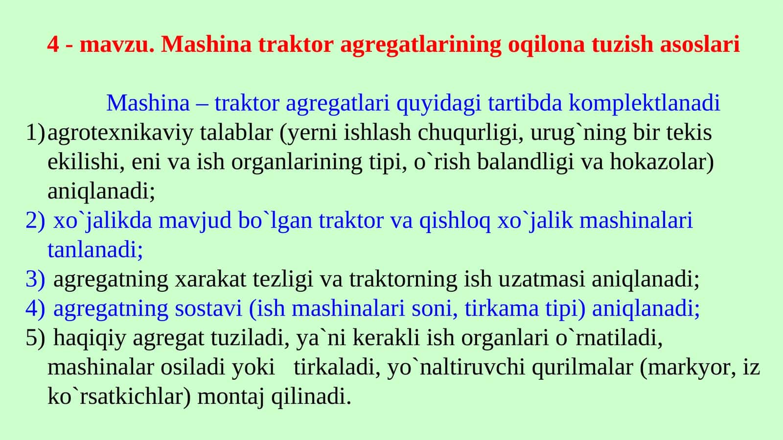 Mashina traktor agregatlarining oqilona tuzish asoslari