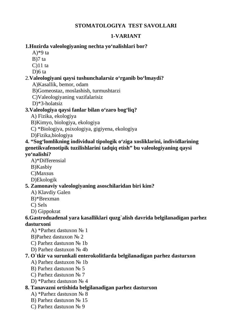 STOMATOLOGIYA TEST SAVOLLARI