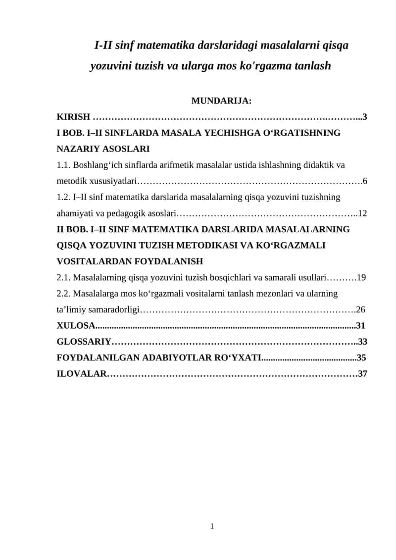 1-2 sinf matematika darslaridagi masalalarni qisqa yozuvini tuzish va ularga mos ko'rgazma tanlash