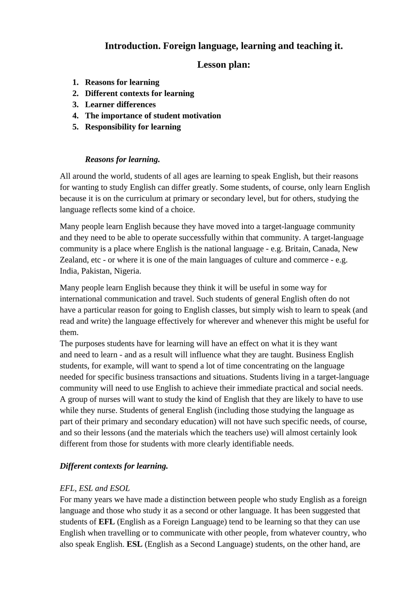 Reasons for learning