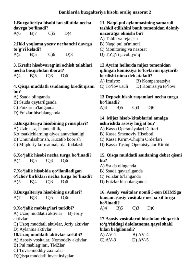 Banklarda buxgalteriya hisobi fanidan oraliq nazorat 2
