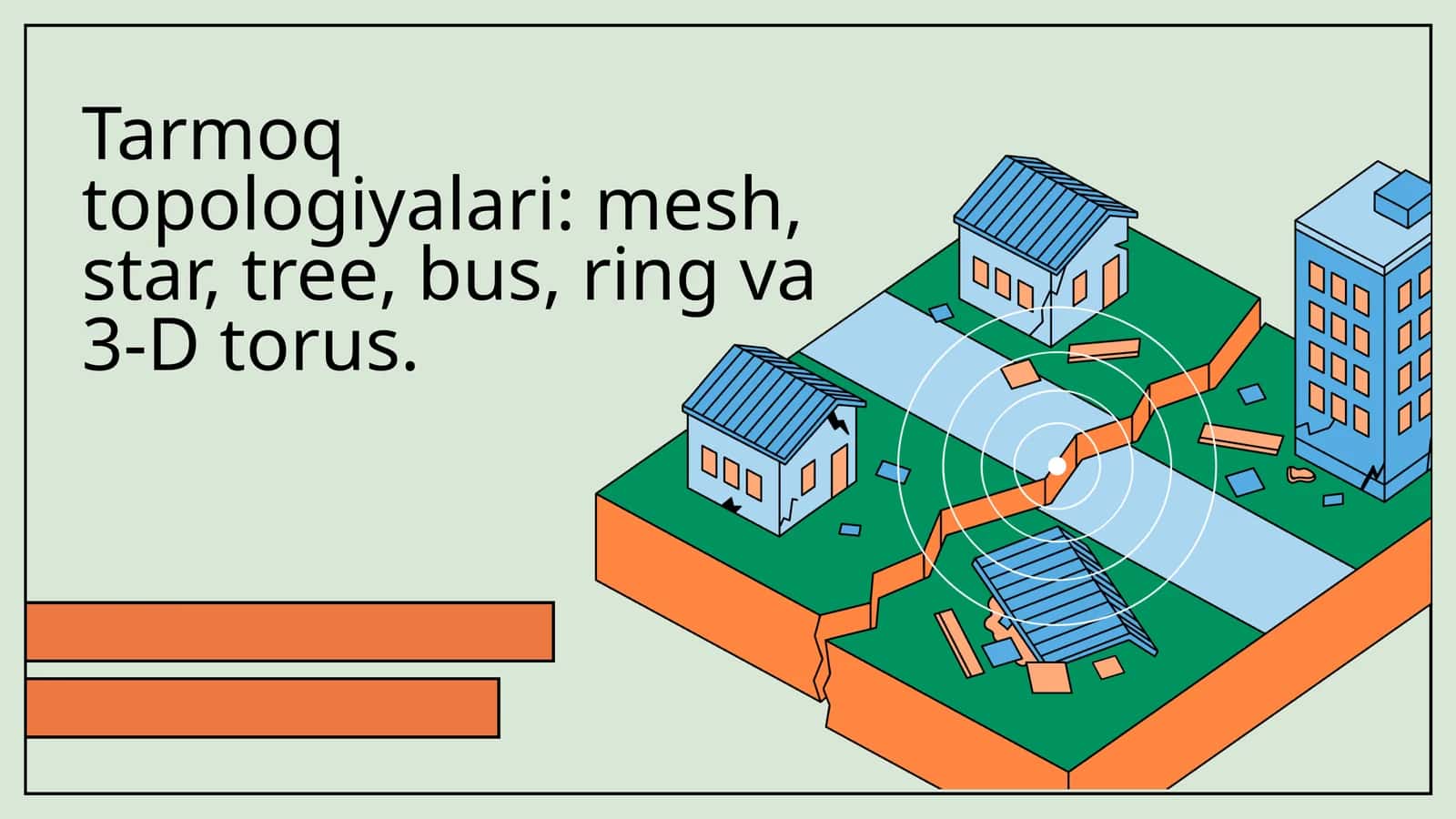 Tarmoq topologiyalari: mesh, star, tree, bus, ring va 3-D torus.
