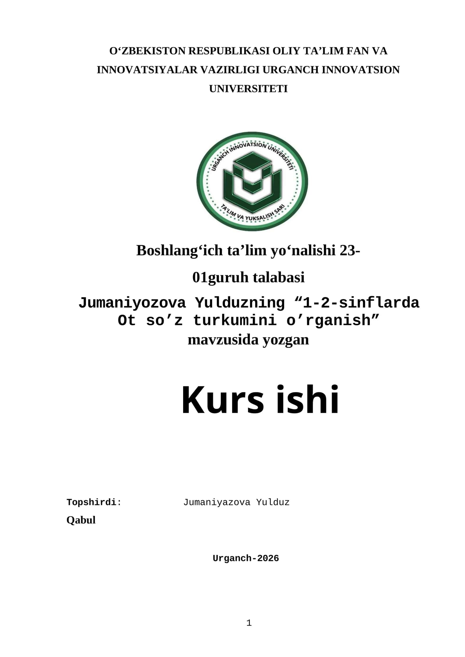 1-2-sinflarda Ot so’z turkumini o’rganish
