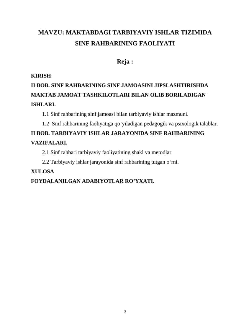MAKTABDAGI TARBIYAVIY ISHLAR TIZIMIDA SINF RAHBARINING FAOLIYATI