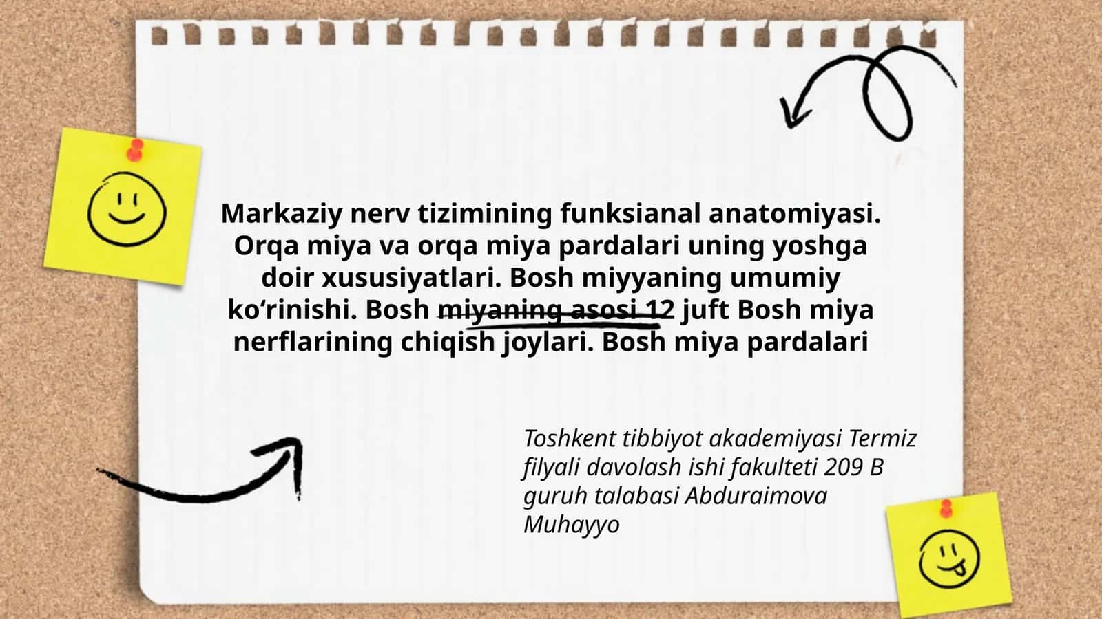 Markaziy nerv tizimining funksianal anatomiyasi. Orqa miya va orqa miya pardalari uning yoshga doir xususiyatlari. Bosh miyyaning umumiy ko‘rinishi. Bosh miyaning asosi 12 juft Bosh miya nerflarining chiqish joylari. Bosh miya pardalari