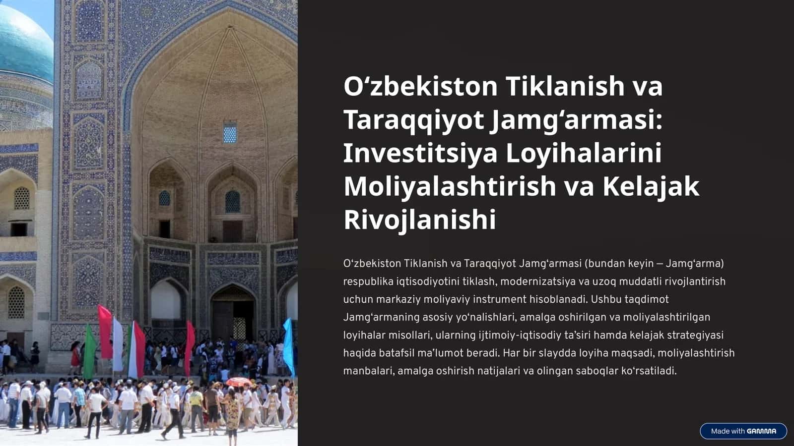 O‘zbekiston Tiklanish va Taraqqiyot Jamg‘armasi: Investitsiya Loyihalarini Moliyalashtirish va Kelajak Rivojlanishi