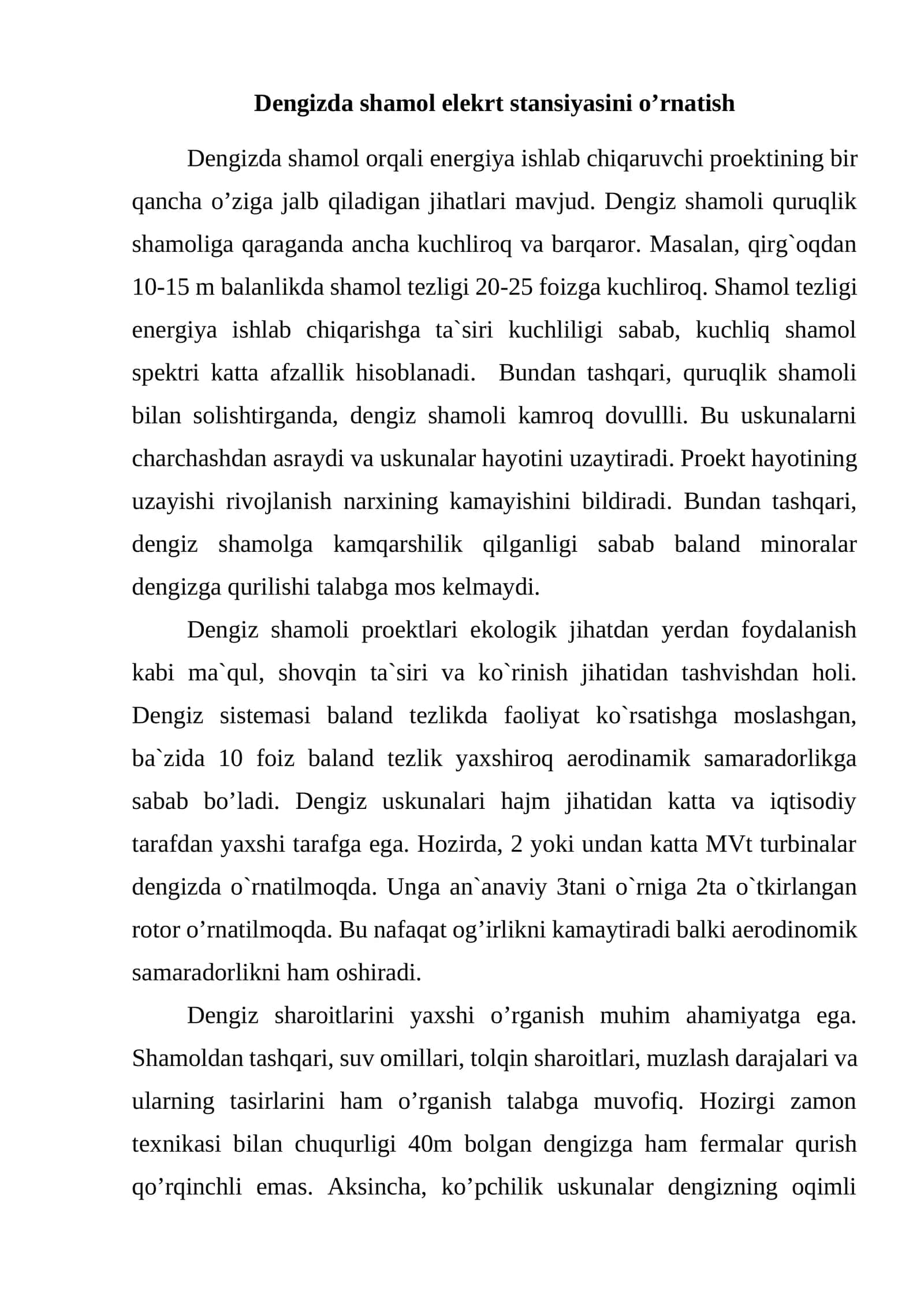 Dengizda shamol elekrt stansiyasini o’rnatish