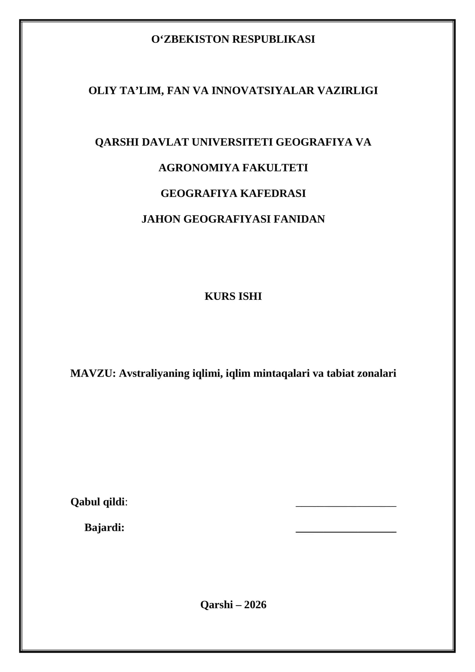 JAHON GEOGRAFIYASI FANIDAN KURS ISHI