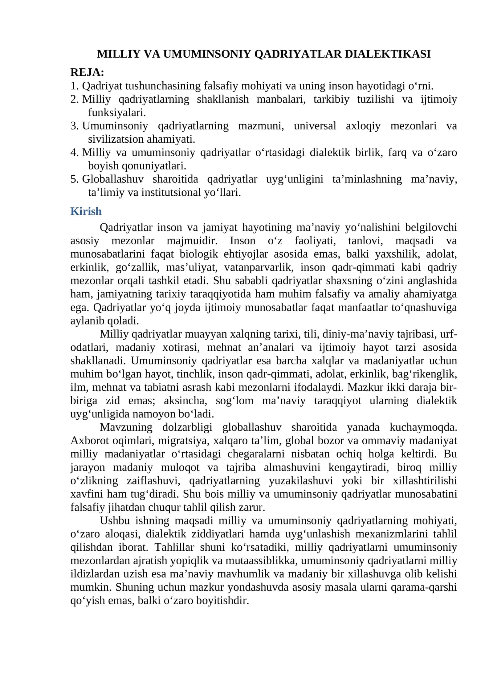 MILLIY VA UMUMINSONIY QADRIYATLAR DIALEKTIKASI