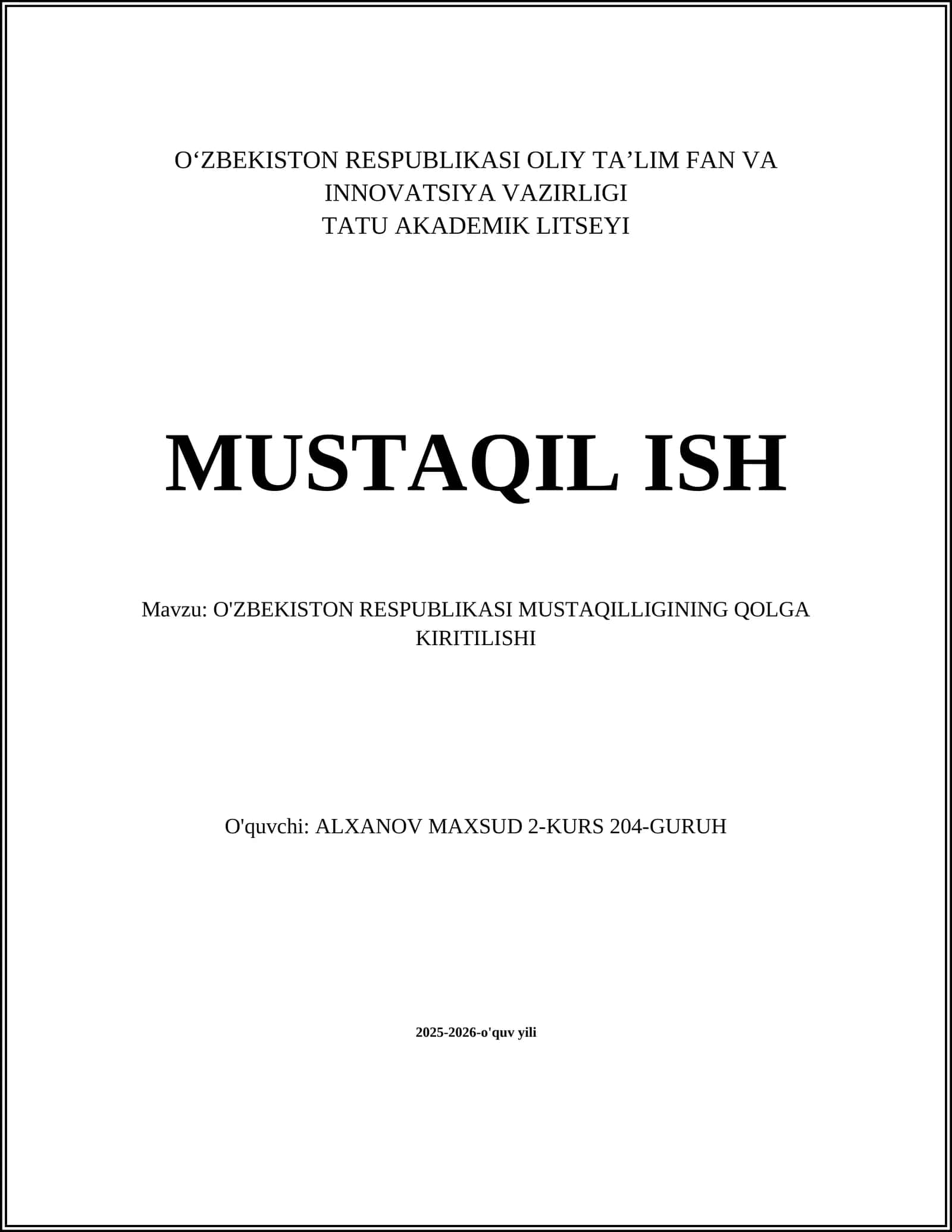 O'ZBEKISTON RESPUBLIKASI MUSTAQILLIGINING QOLGA KIRITILISHI