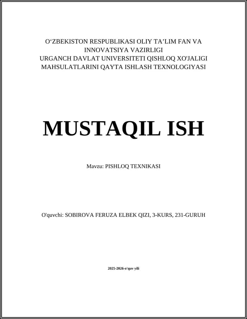 QISHLOQ XO'JALIGI MAHSULATLARINI QAYTA ISHLASH TEXNOLOGIYASI
