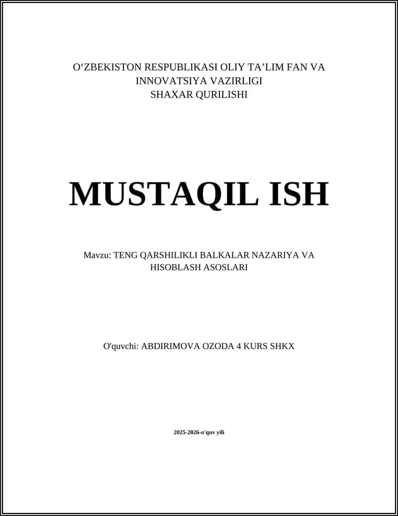 Teng Qarshilikli Balkalar Nazariya va Hisoblash Asoslari