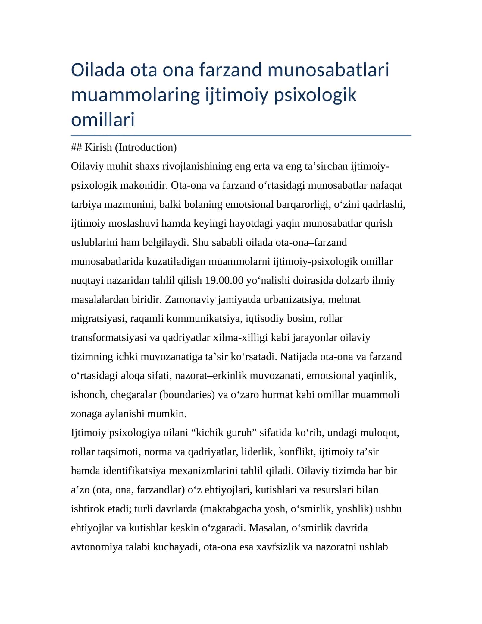 Oilada ota ona farzand munosabatlari muammolaring ijtimoiy psixologik omillari