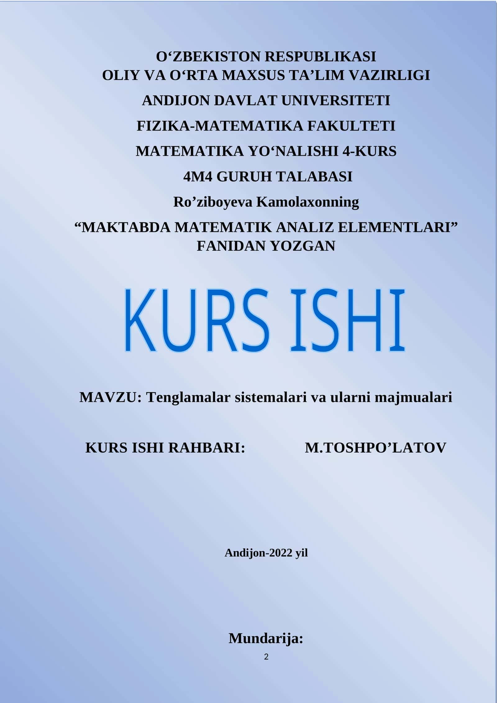Tenglamalar sistemalari va ularni majmualari