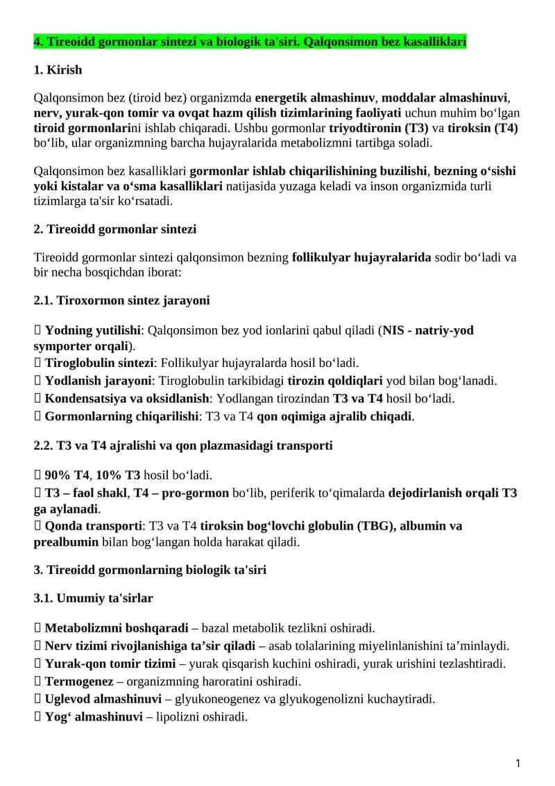 Tireoidd gormonlar sintezi va biologik ta'siri