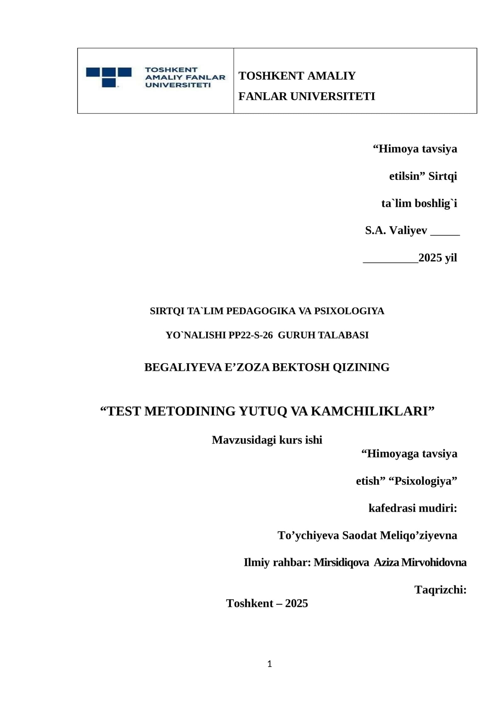 TEST METODINING YUTUQ VA KAMCHILIKLARI