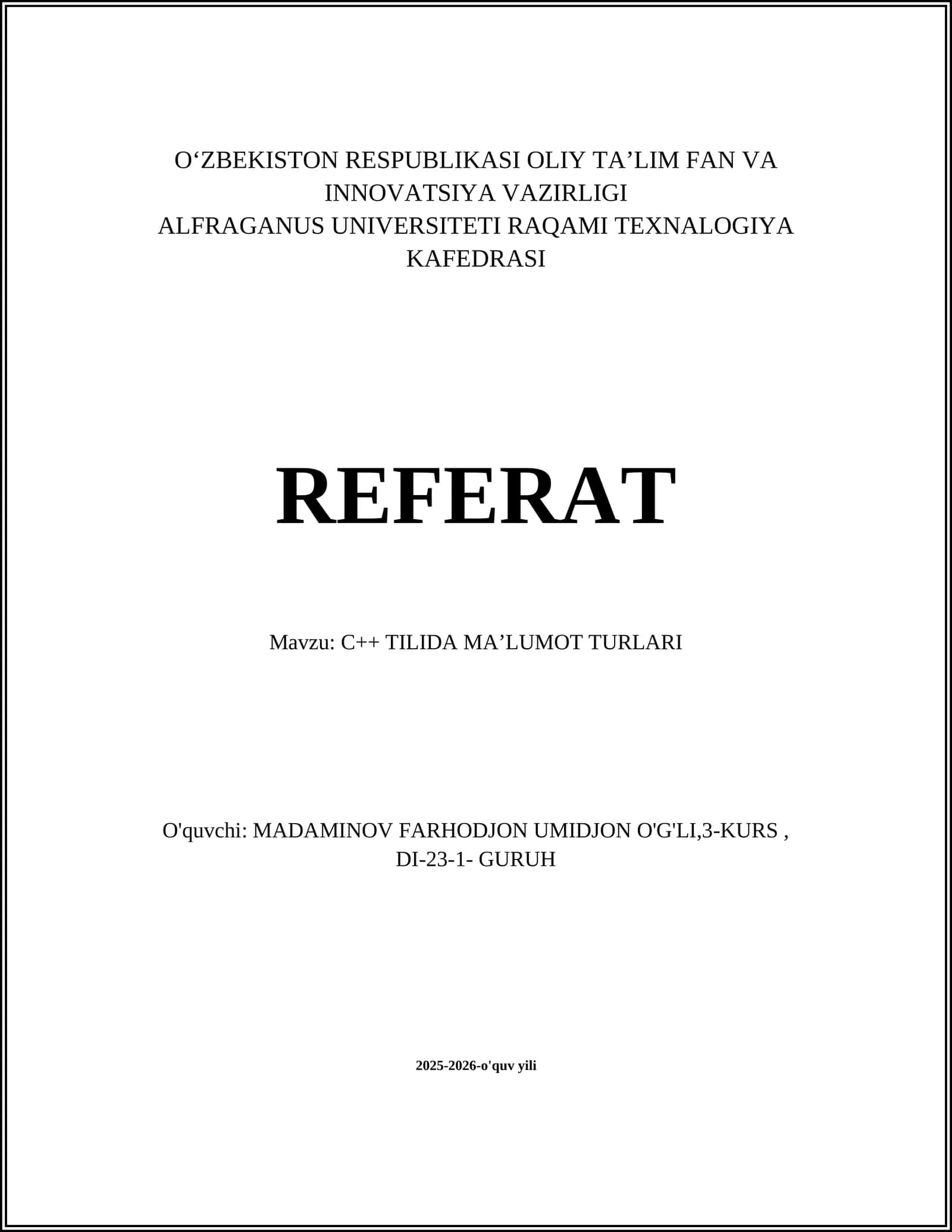 C++ TILIDA MA’LUMOT TURLARI