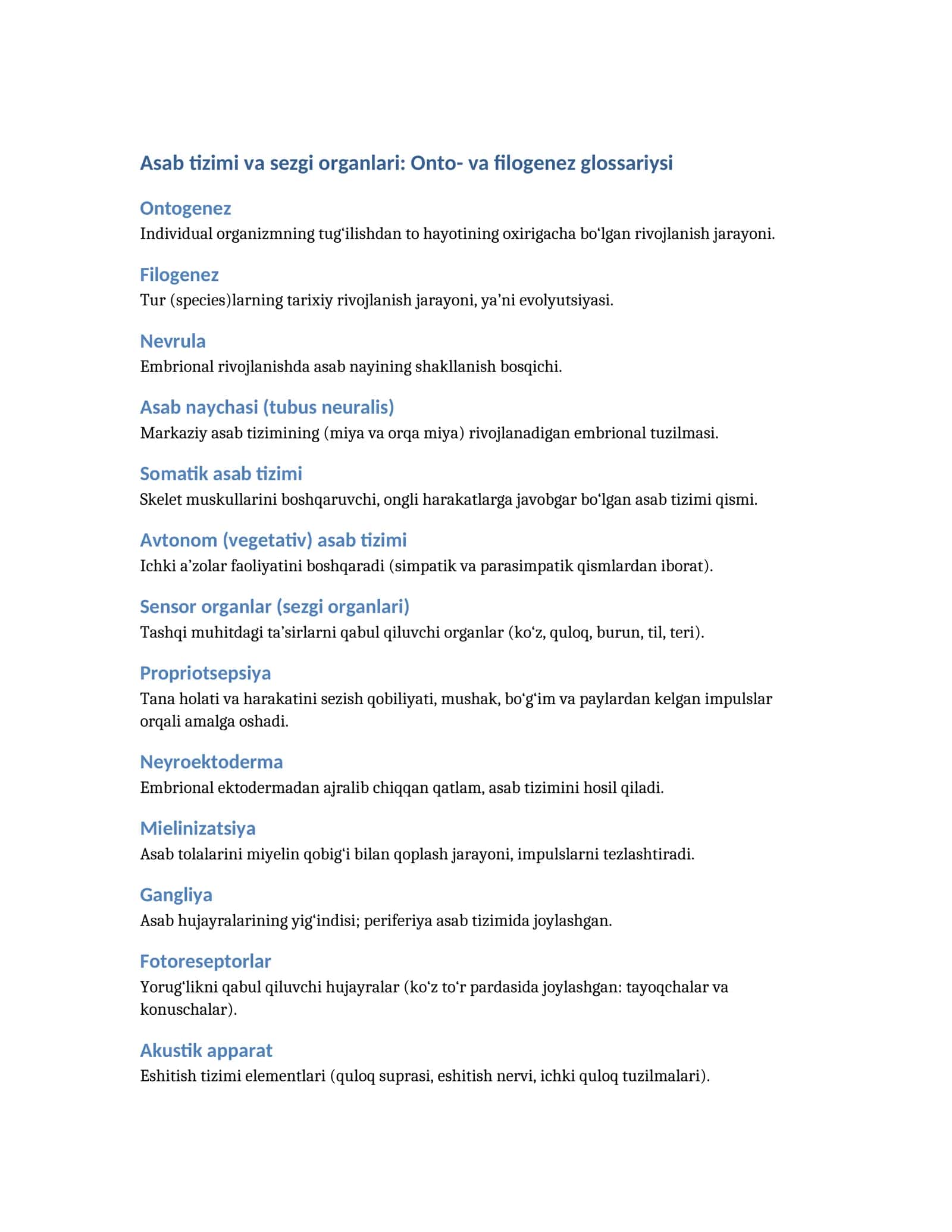 Asab tizimi va sezgi organlari: Onto- va filogenez glossariysi