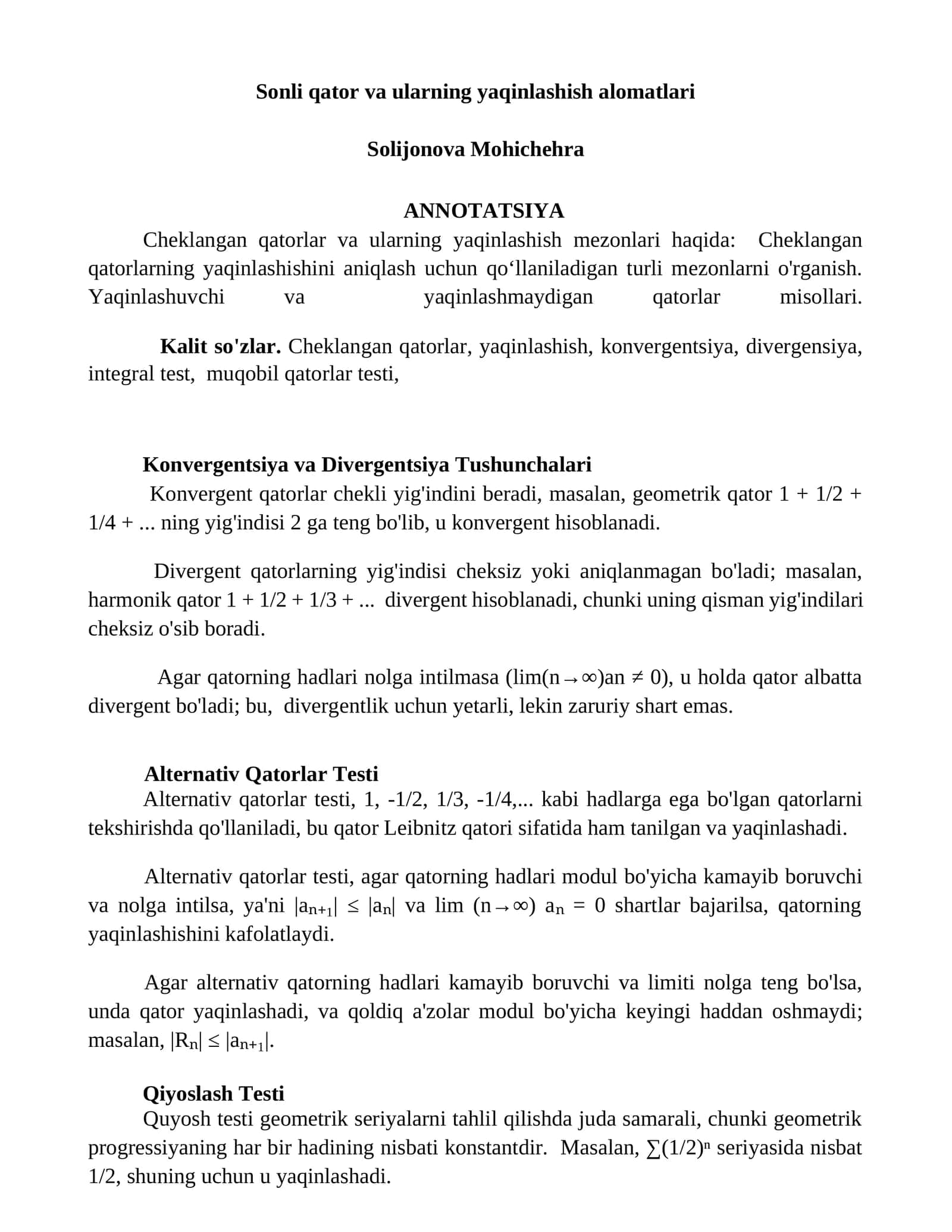Konvergentsiya va Divergentsiya Tushunchalari
