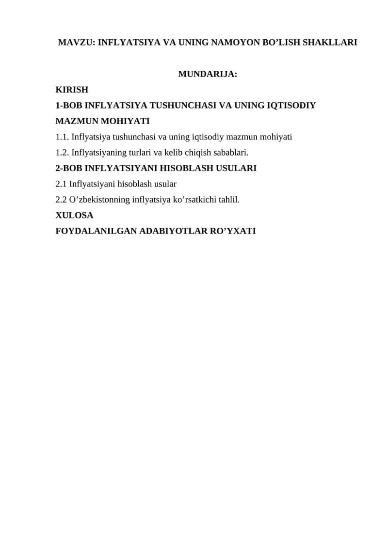 INFLYATSIYA VA UNING NAMOYON BO’LISH SHAKLLARI