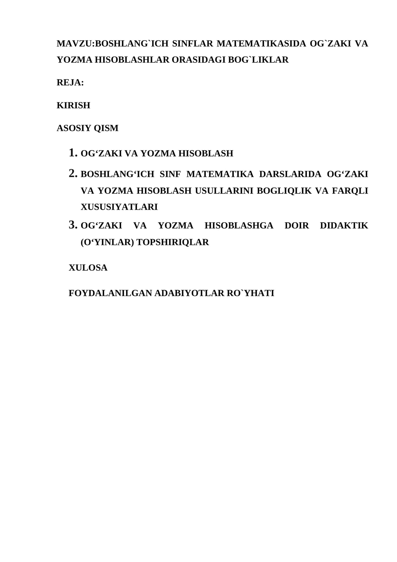 BOSHLANG`ICH SINFLAR MATEMATIKASIDA OG`ZAKI VA YOZMA HISOBLASHLAR ORASIDAGI BOG`LIKLAR