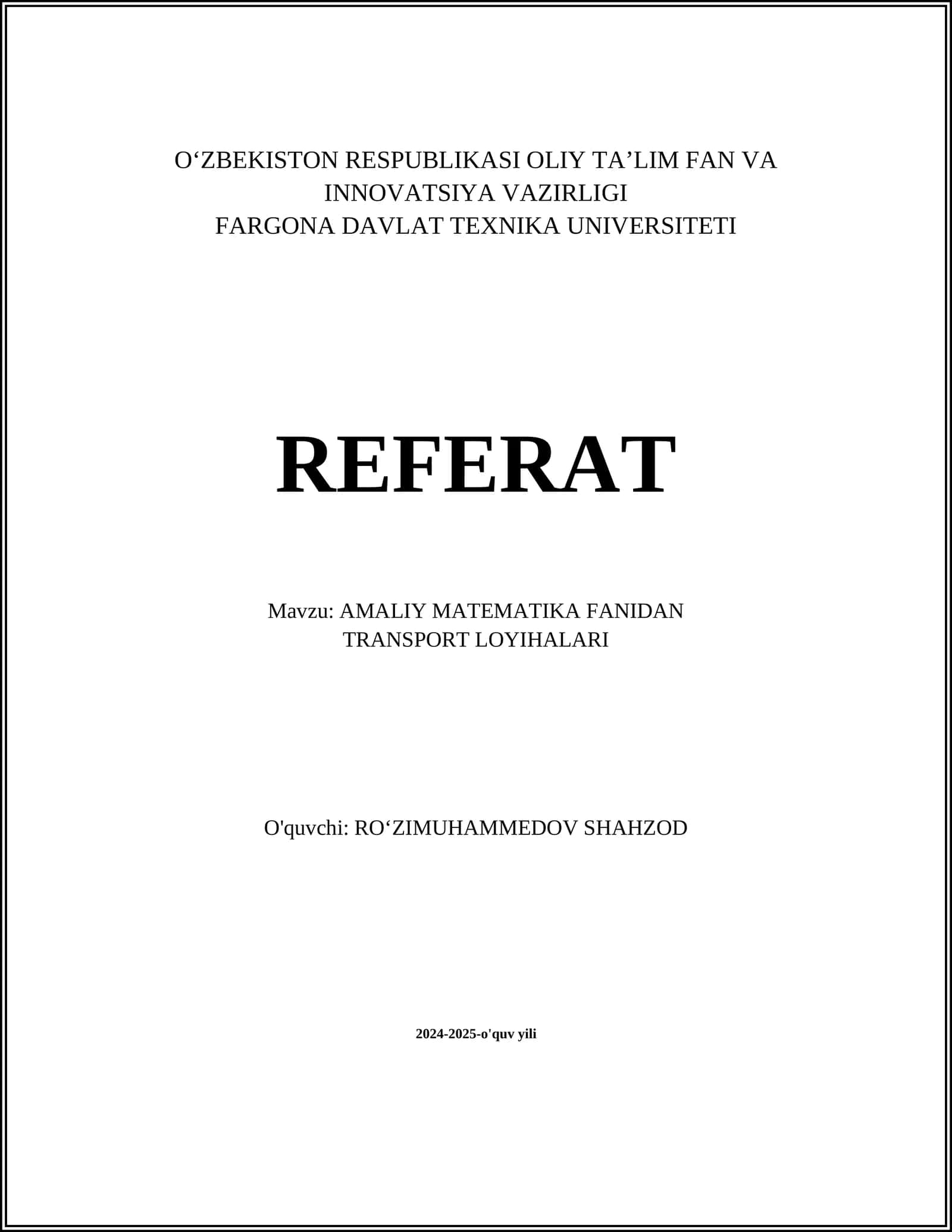 AMALIY MATEMATIKA FANIDAN TRANSPORT LOYIHALARI
