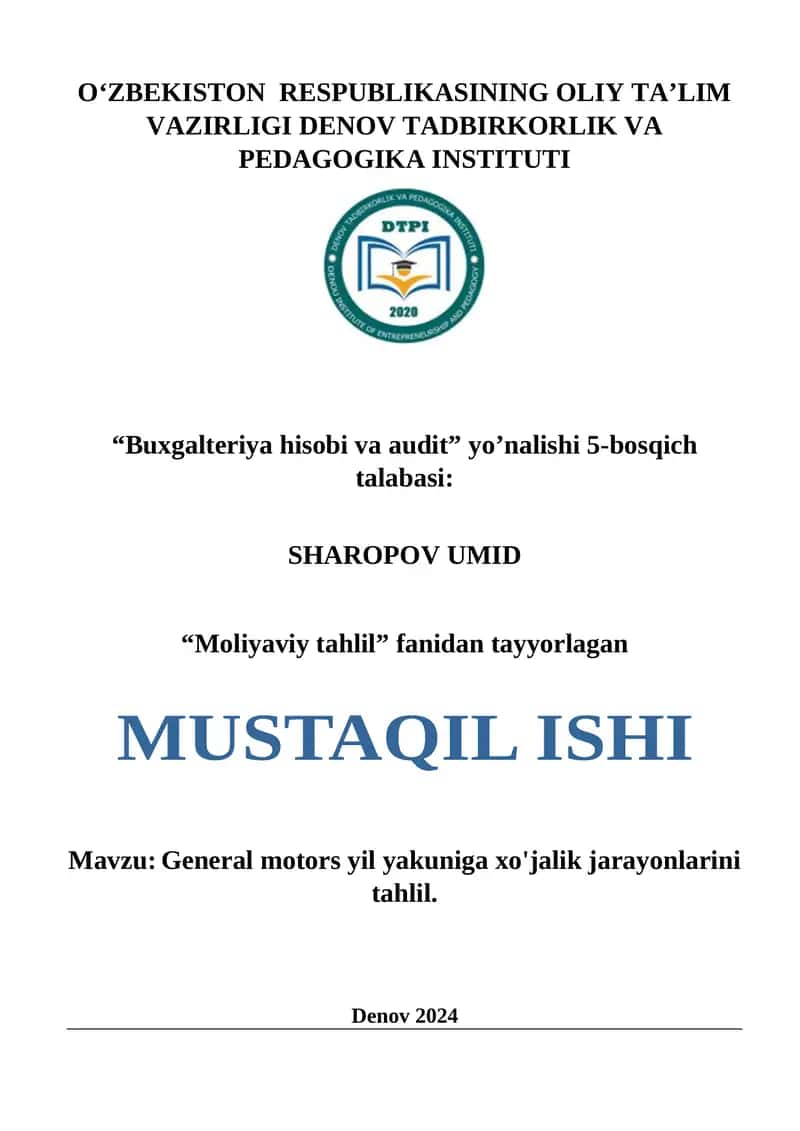 General motors yil yakuniga xo'jalik jarayonlarini tahlil