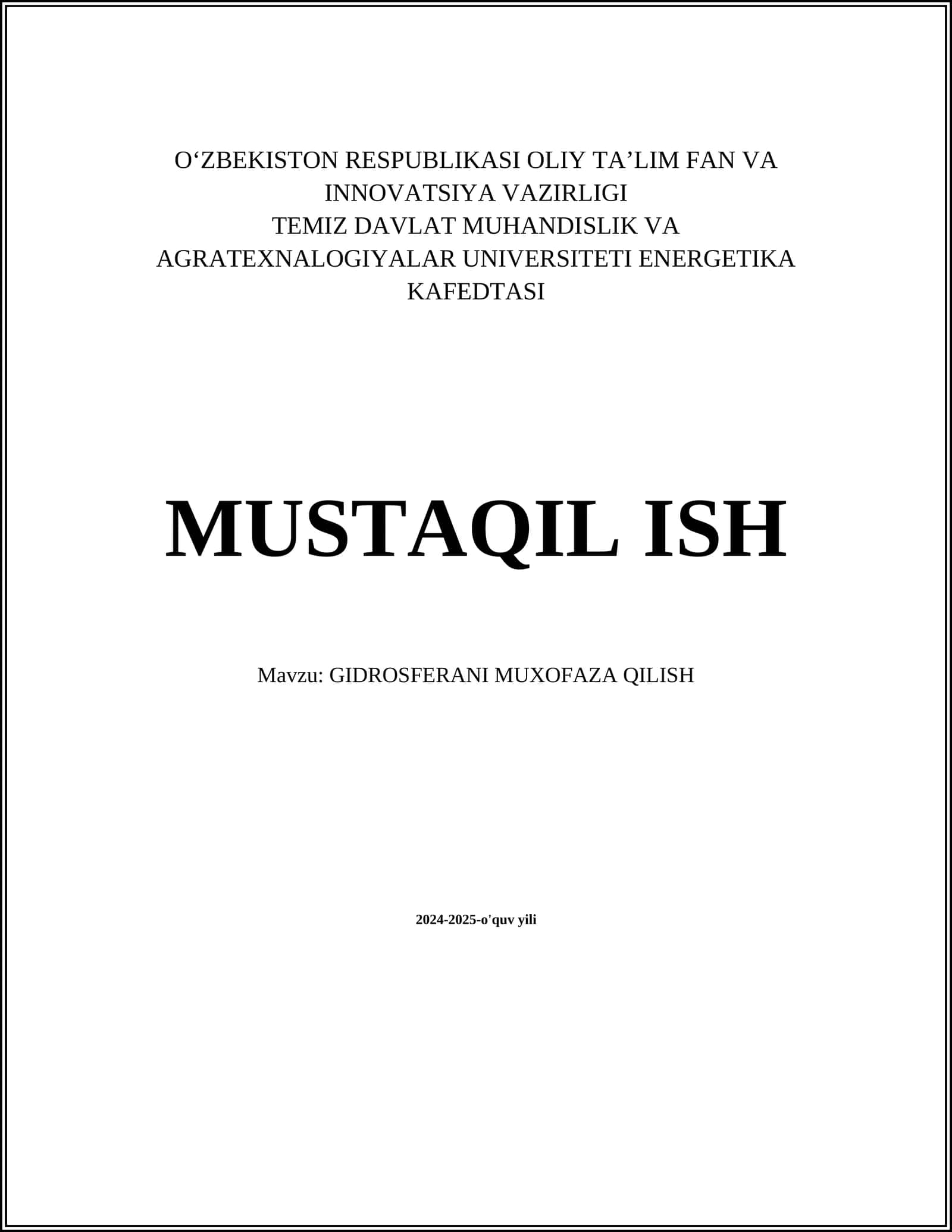 GIDROSFERANI MUXOFAZA QILISH