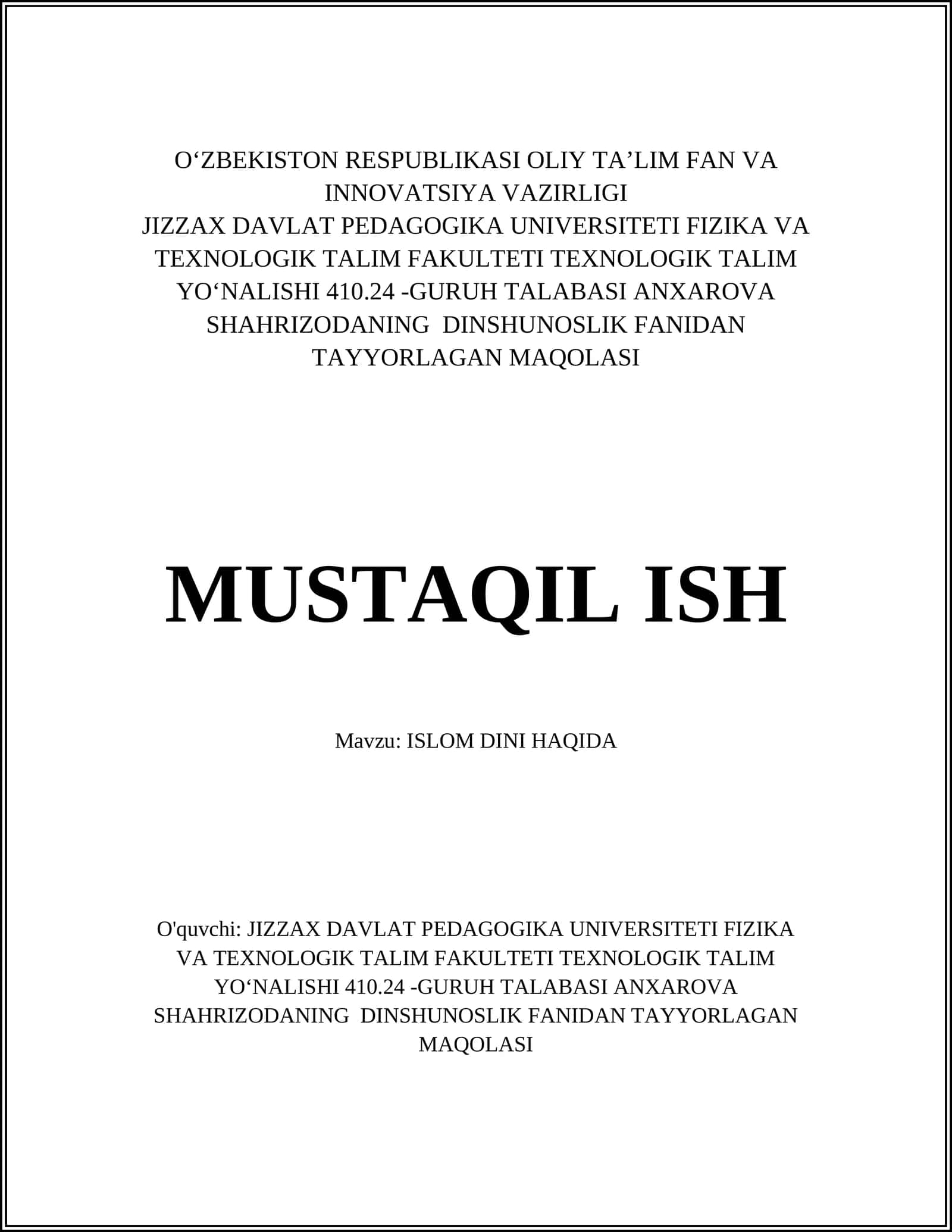 DINSHUNOSLIK FANIDAN TAYYORLAGAN MAQOLASI