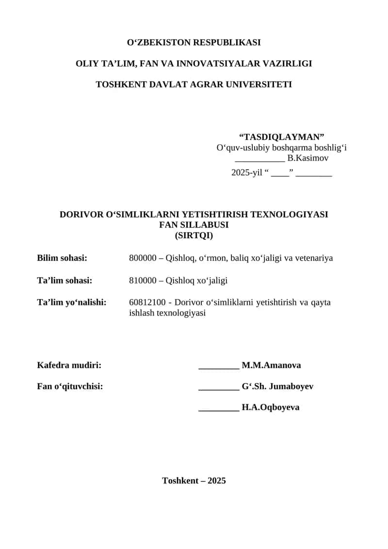 Dorivor oʻsimliklar yetishtirish texnologiyasi