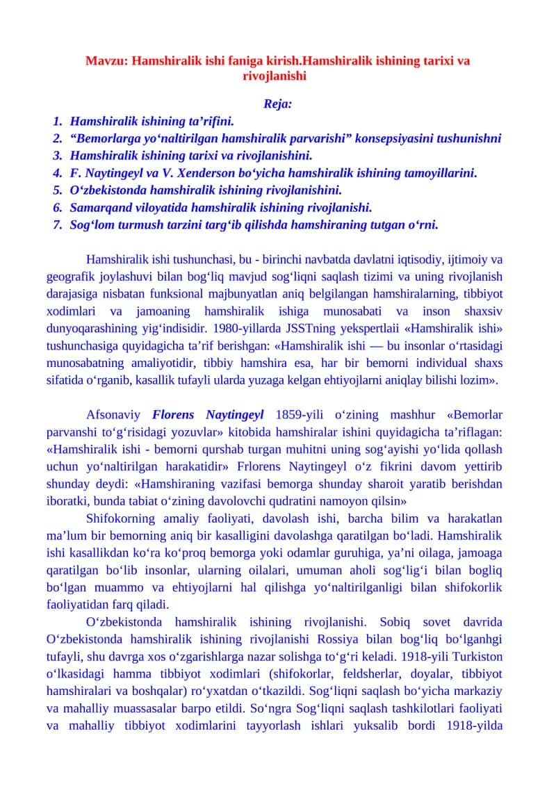 Hamshiralik ishini o'rganish