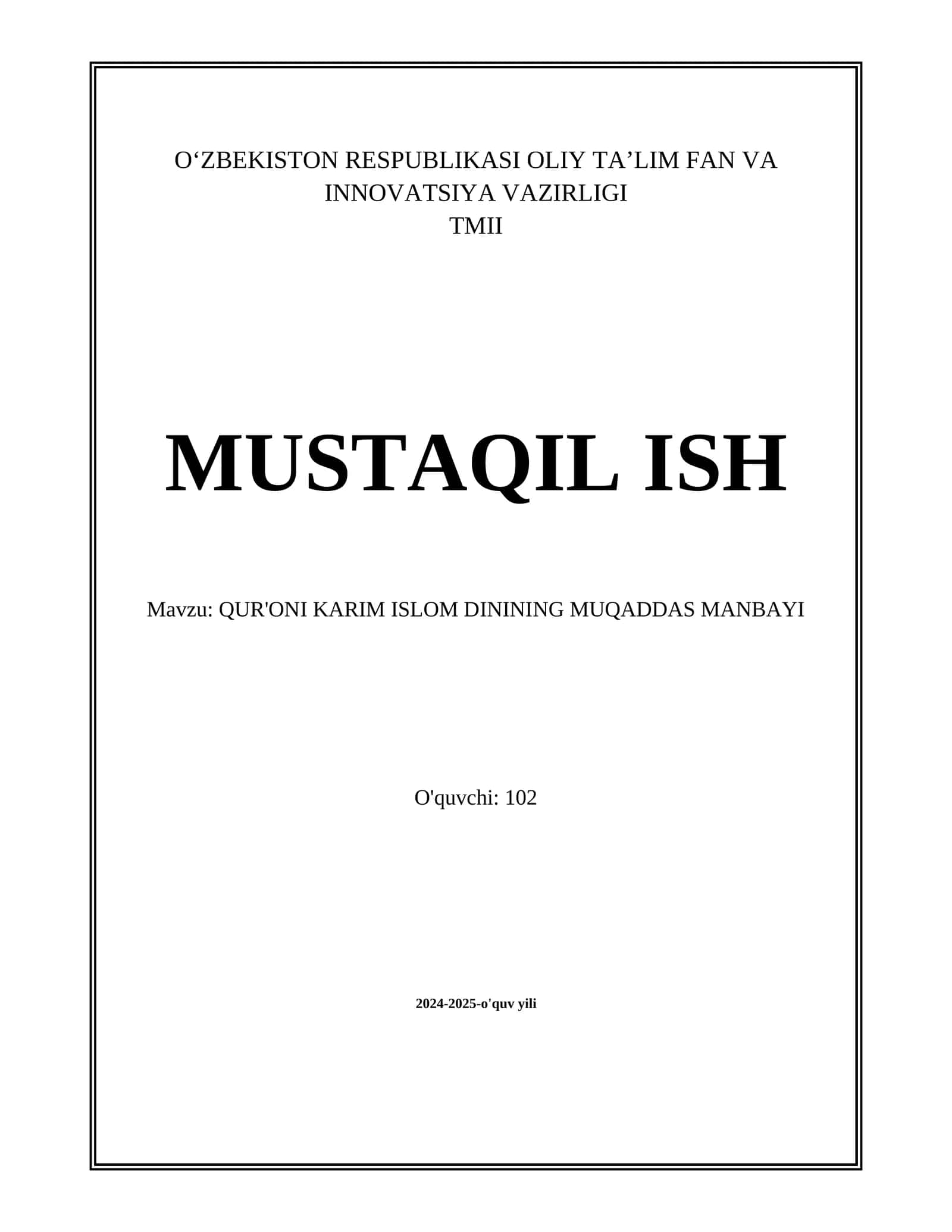 QUR'ONI KARIM ISLOM DININING MUQADDAS MANBAYI